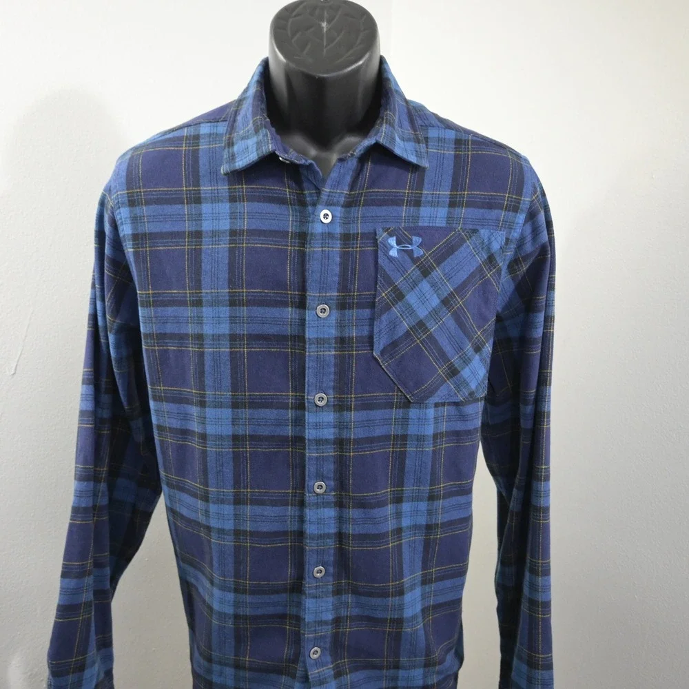 Under Armour Flannel Button Up Mens Medium Loose Blue Plaid ColdGear Pocket
